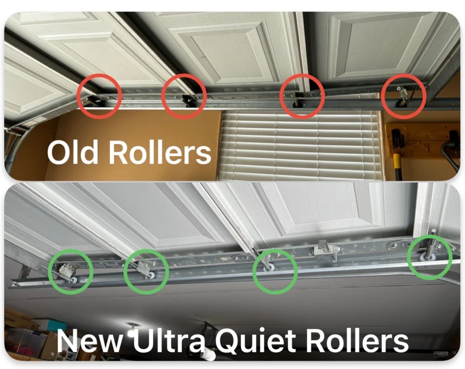 Before and after comparison of old and ultra-quiet garage door rollers
