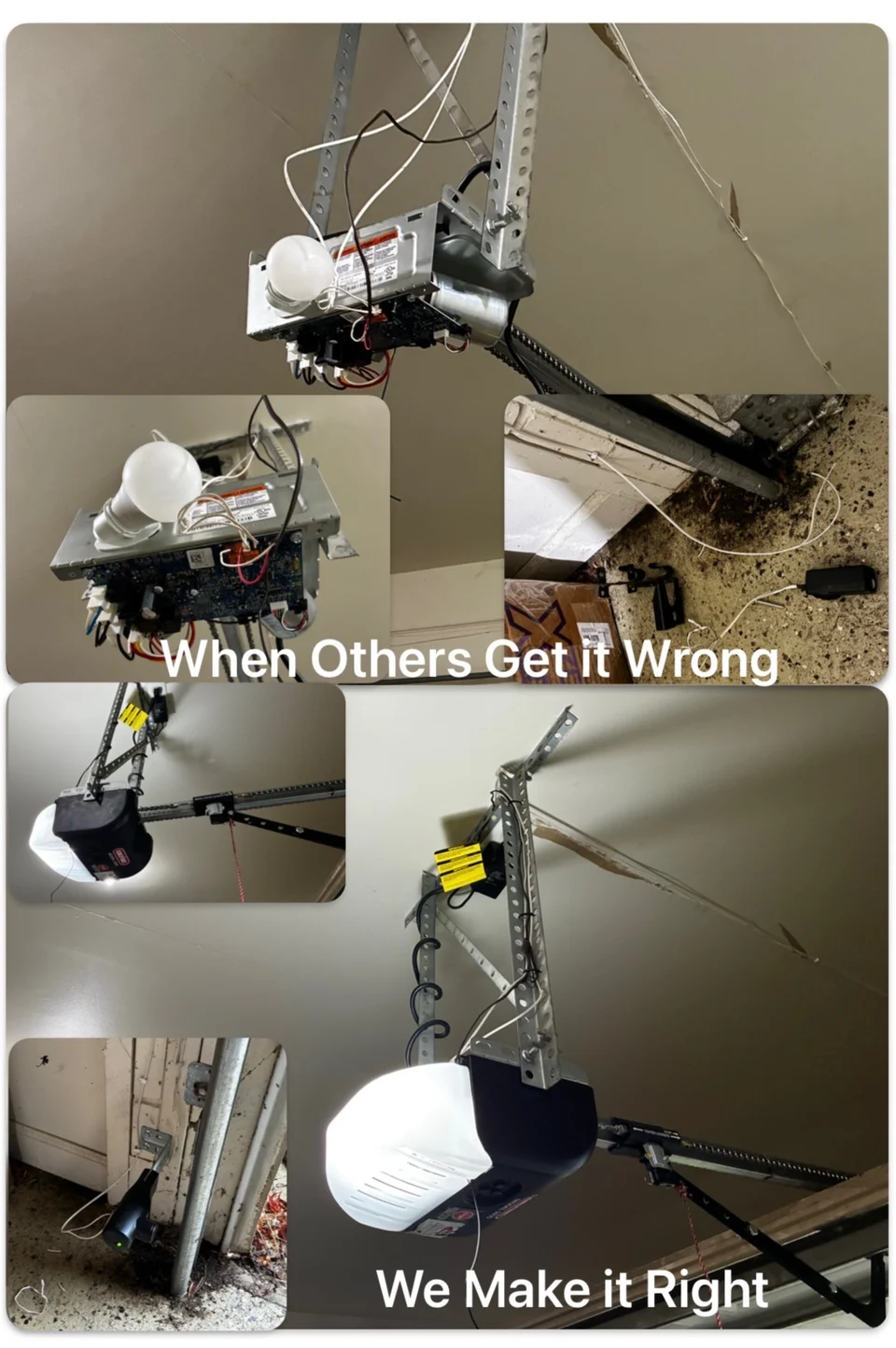 Before and after garage door opener correction showing improper and corrected installation