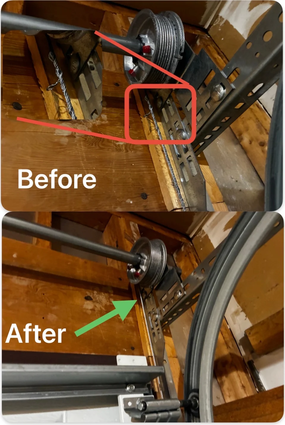 Before and after garage door cable and drum correction