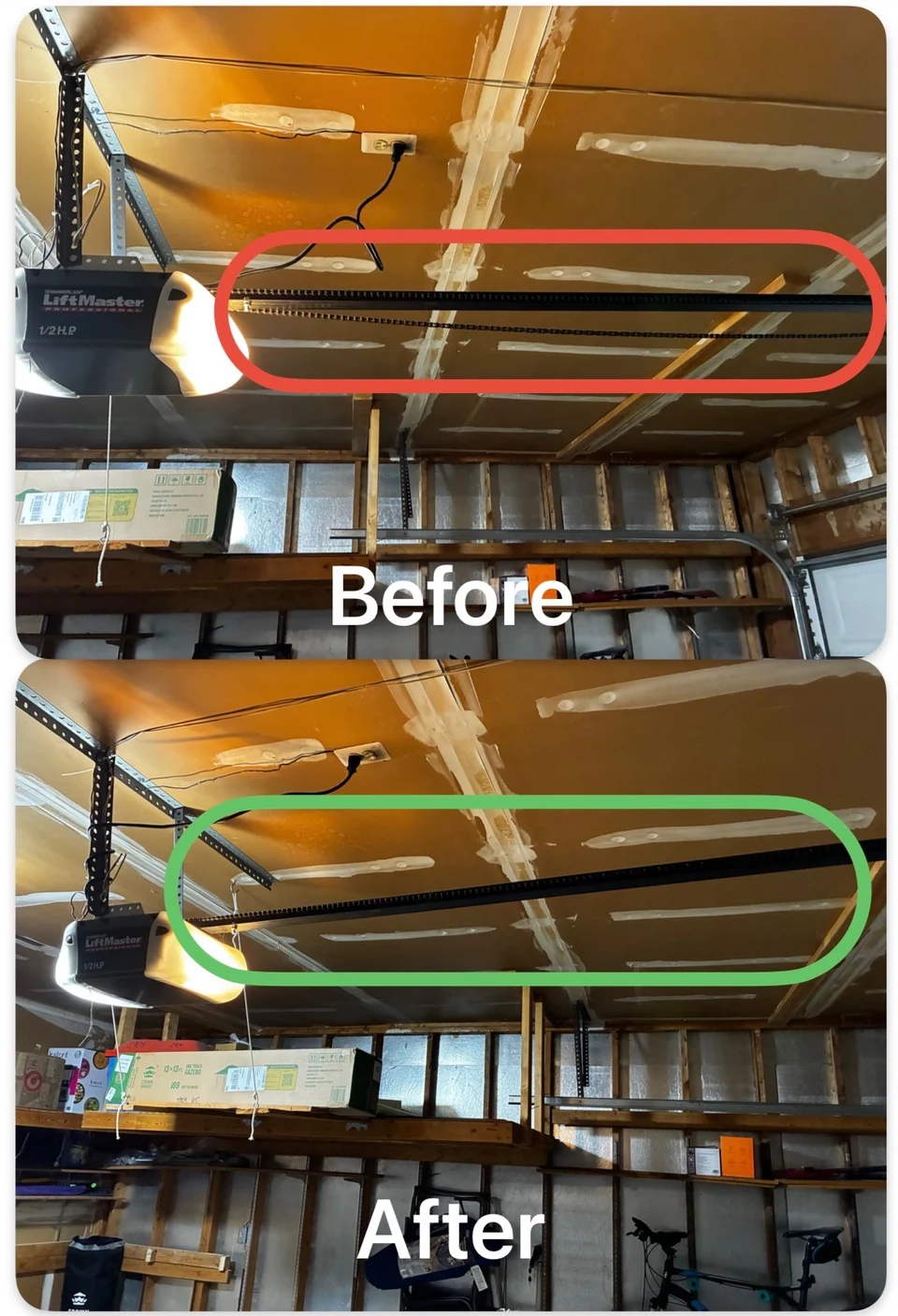 Before and after garage door opener chain alignment and adjustment