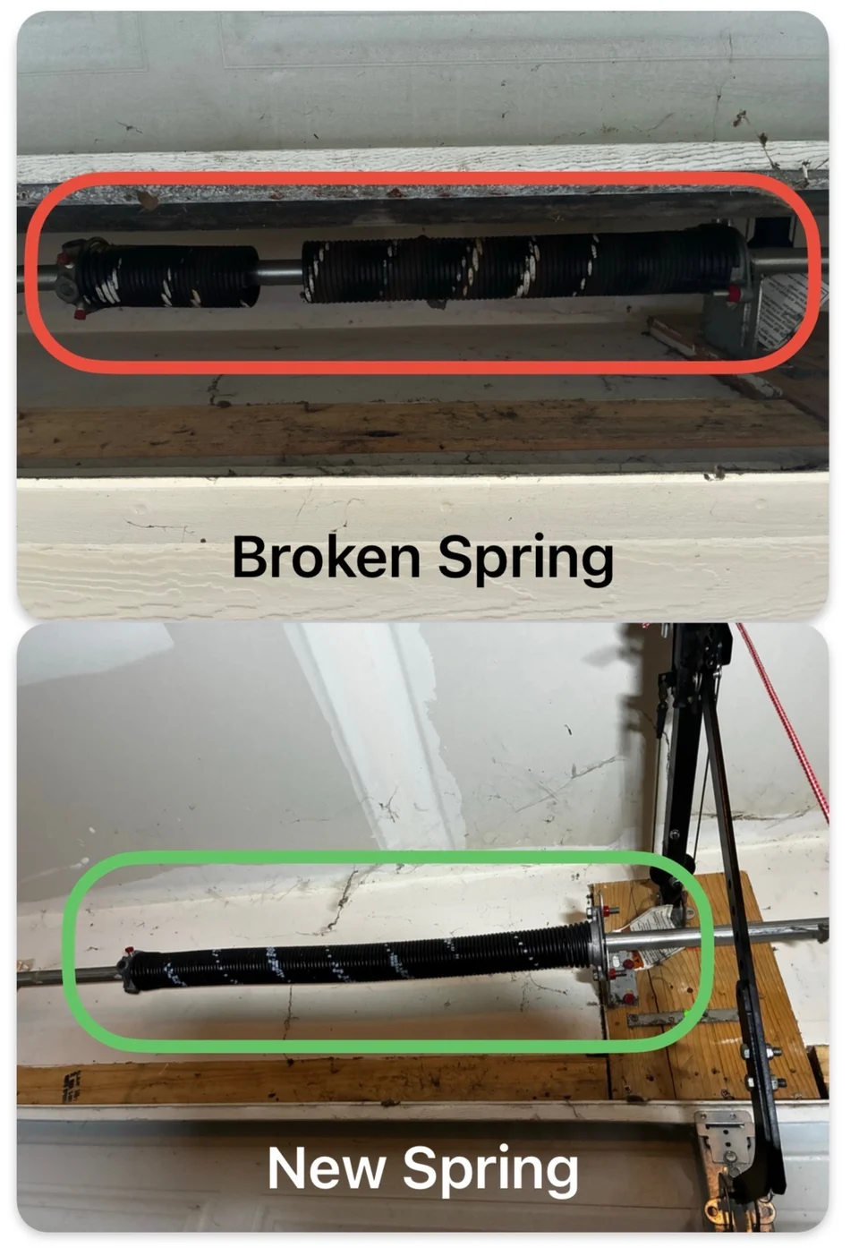 Before and after broken garage door spring replacement