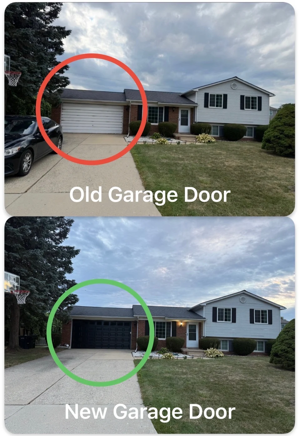 Before and after residential garage door replacement project