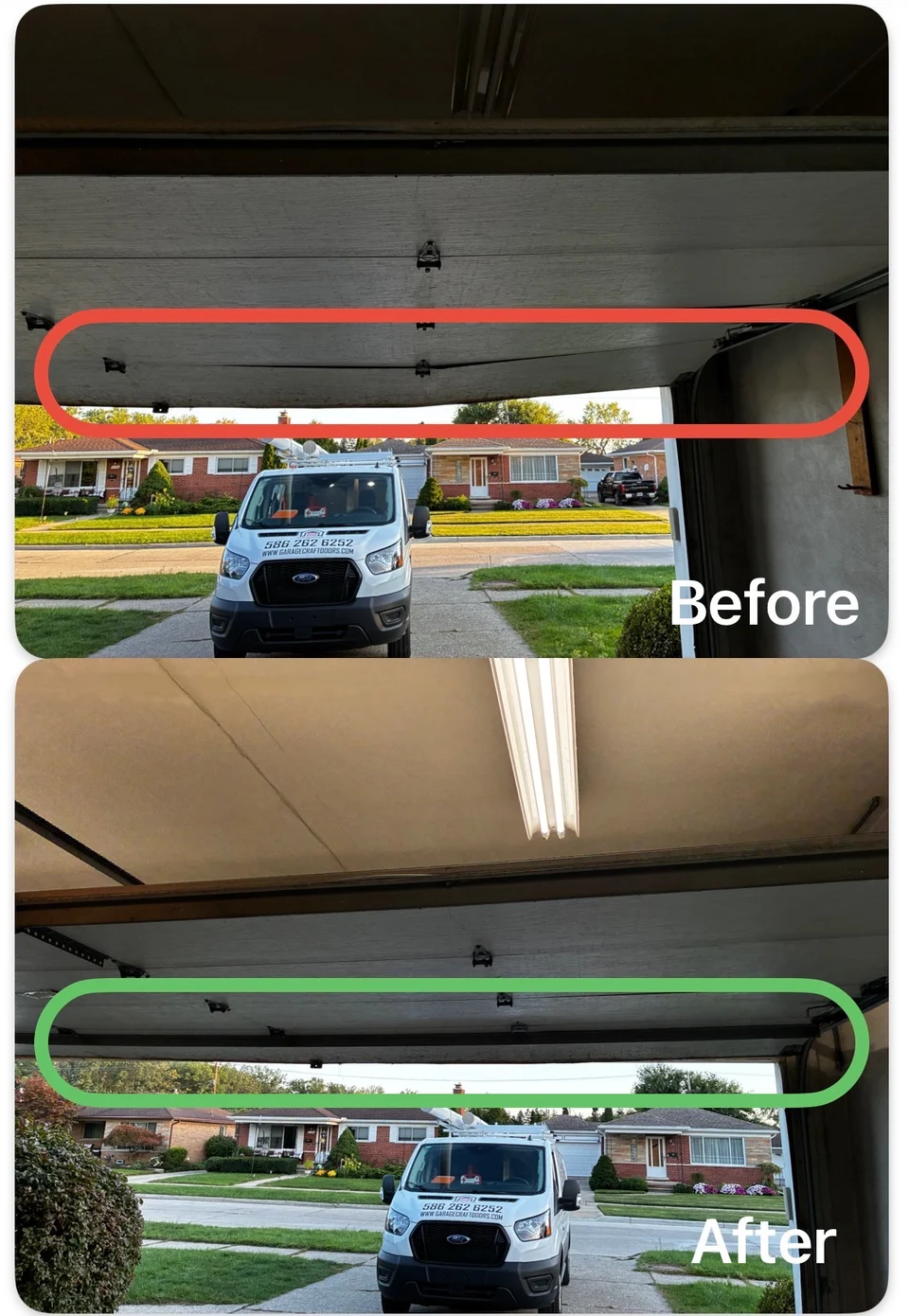 Before and after comparison of a sectional garage door with horizontal reinforcement visible in the after photo