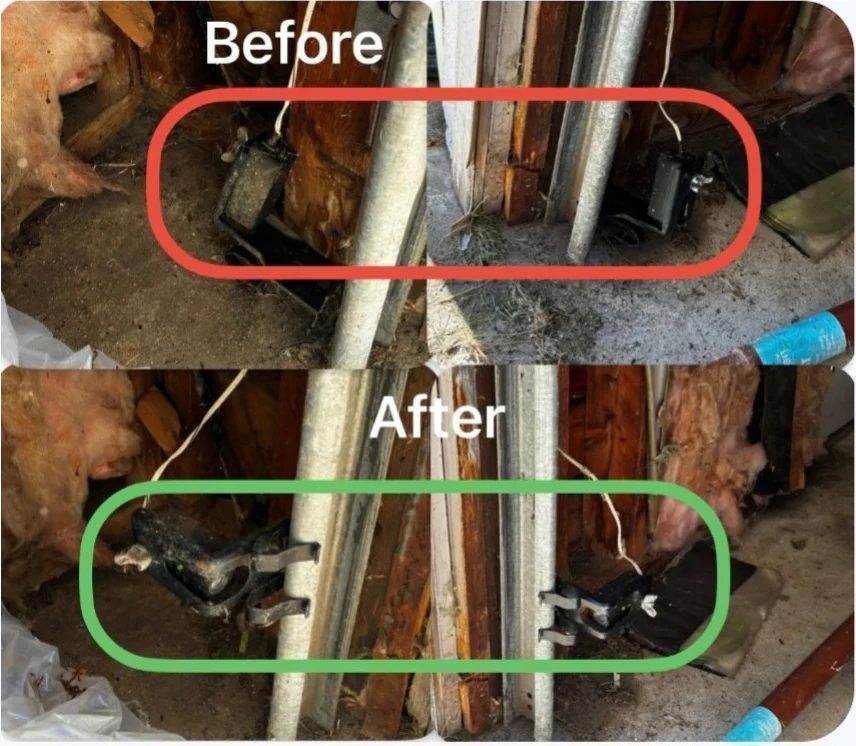 Before and after garage door safety sensor mounting